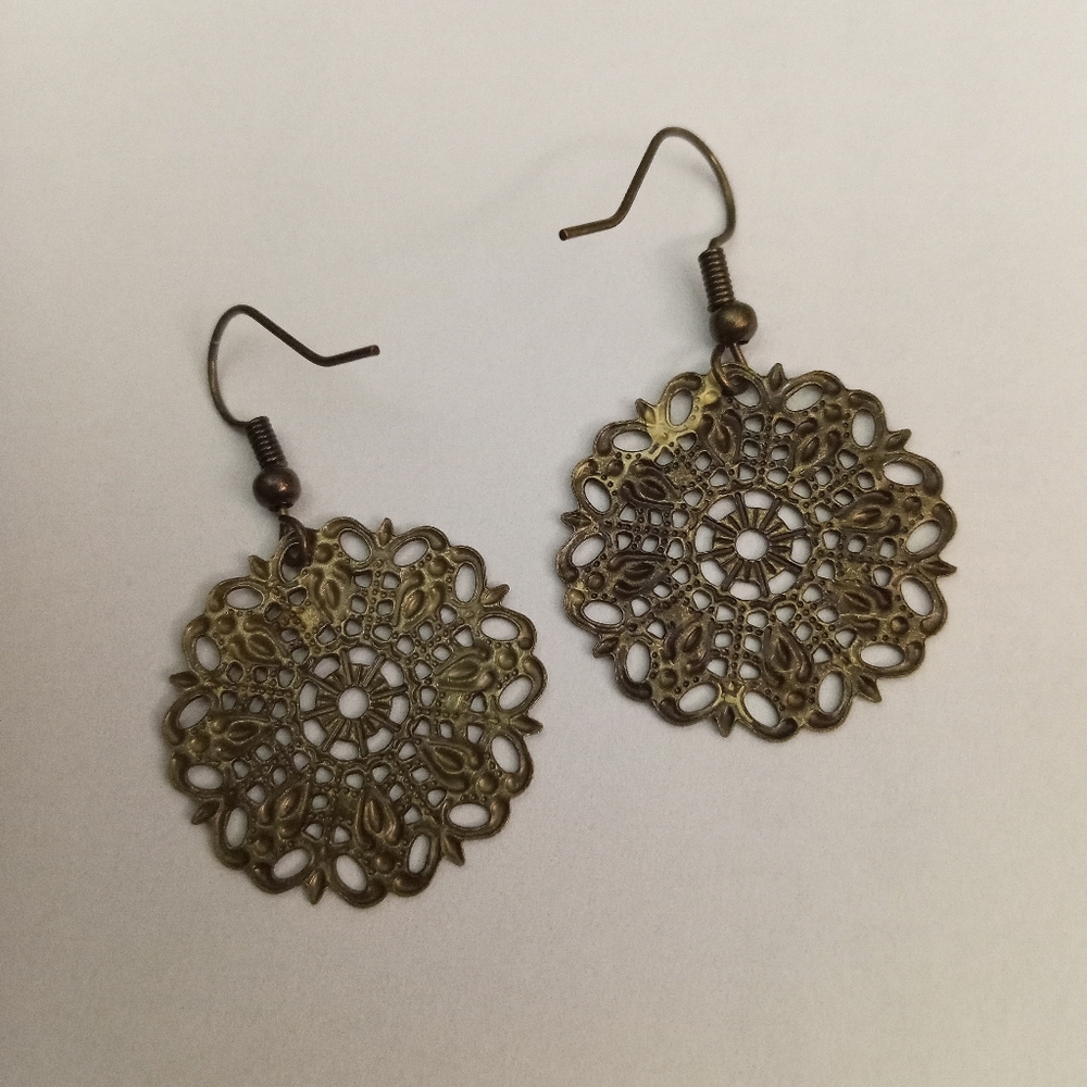Hand Crafted boho vintage antique gold plated filigree drop statement earrings